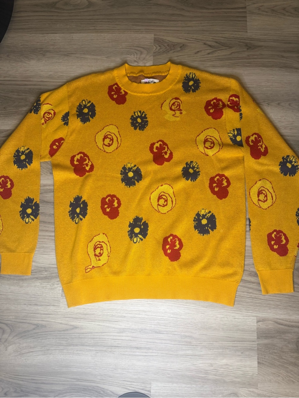 FA Yellow Crewneck Sweater with Red and Gray Floral Print